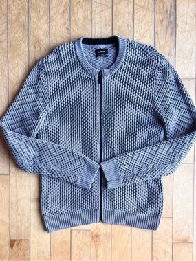 MEXX Waffle Knit Zip-Up Cardigan Sweater Gray Slim Fit Size XL